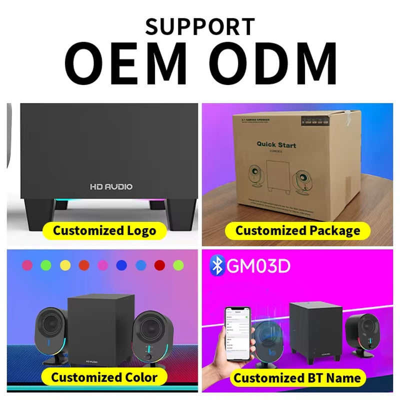 Powered 2.0 Gaming Speakers Wired Wireless for 5.3 Deep Bass Subwoofer Earphone Jack RGB Lighting 50W Two-Way Audio USB