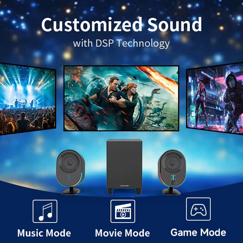 Powered 2.0 Gaming Speakers Wired Wireless for 5.3 Deep Bass Subwoofer Earphone Jack RGB Lighting 50W Two-Way Audio USB