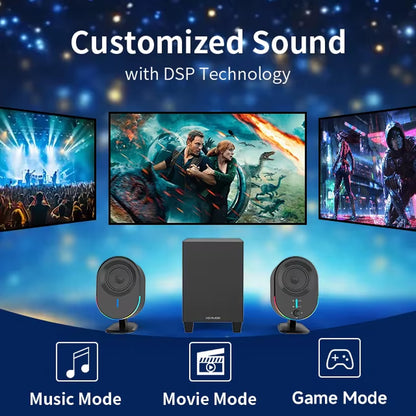 Powered 2.0 Gaming Speakers Wired Wireless for 5.3 Deep Bass Subwoofer Earphone Jack RGB Lighting 50W Two-Way Audio USB