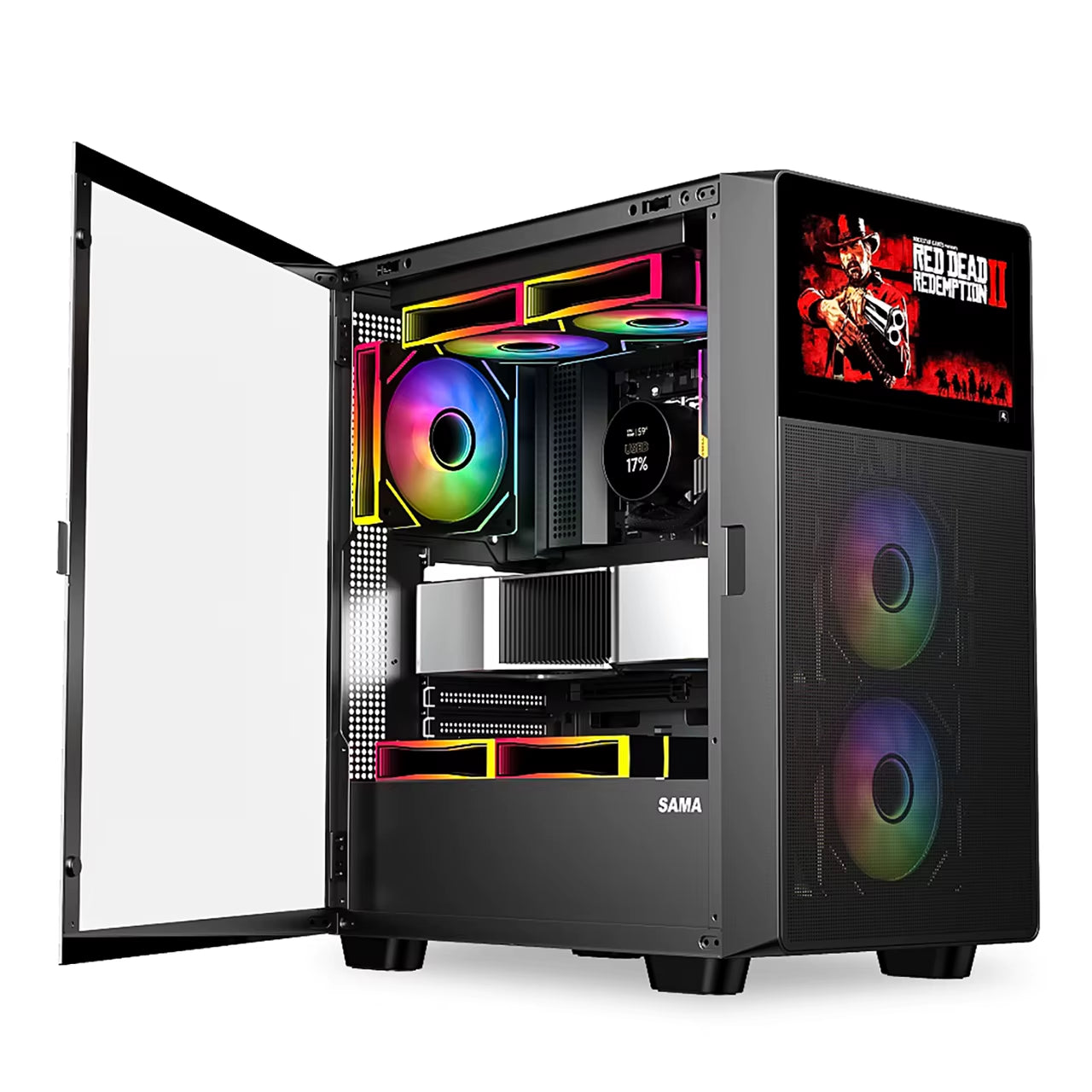Open Door Tempered Glass Side Panel ATX Gaming Case with Screen LCD Display Monitor Computer Case