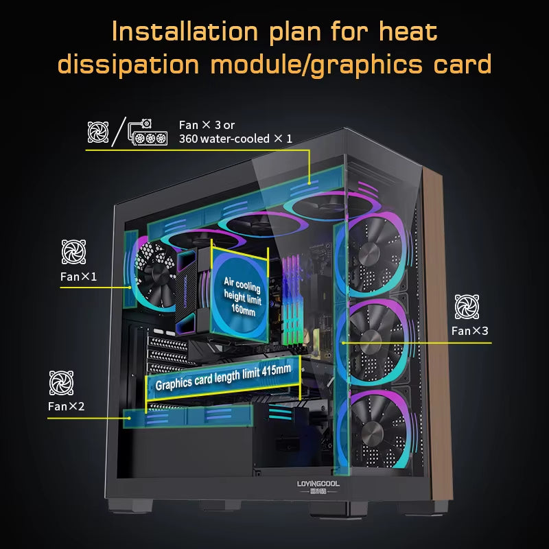 Lovingcool on Sale Black PC Case ATX Gaming Casing Desk Computer Cases Towers Full Tower PC Cabinet with Wooden Pillar